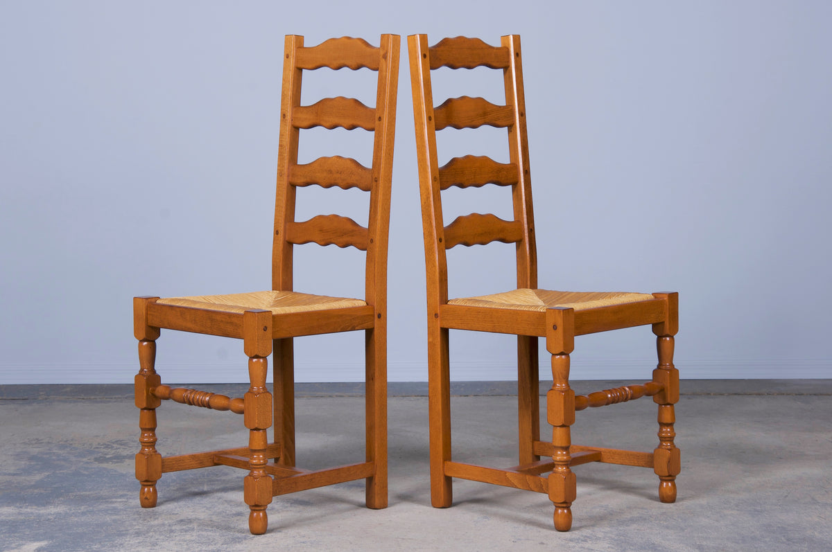 Country French Farmhouse Style Maple Ladder Back Dining Chairs W/ Rush Seats - Set of 12