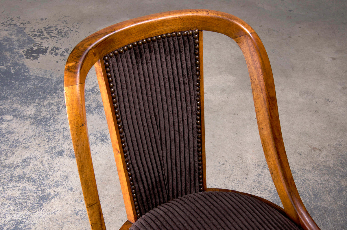 1930s French Art Deco Gondola Walnut Dining Chairs W/ Striped Brown Velvet - Set of 6