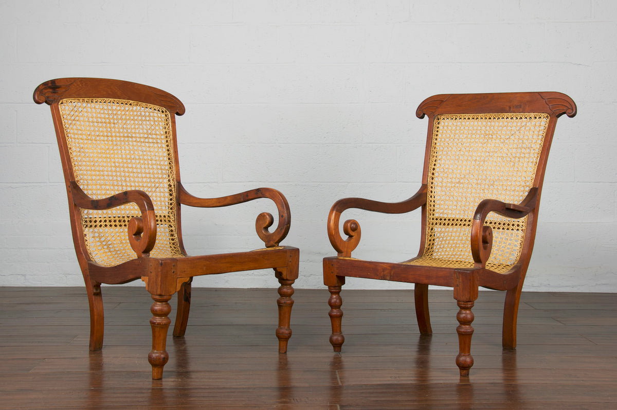 19th Century French Colonial Walnut Reading Cane Armchairs - A Pair