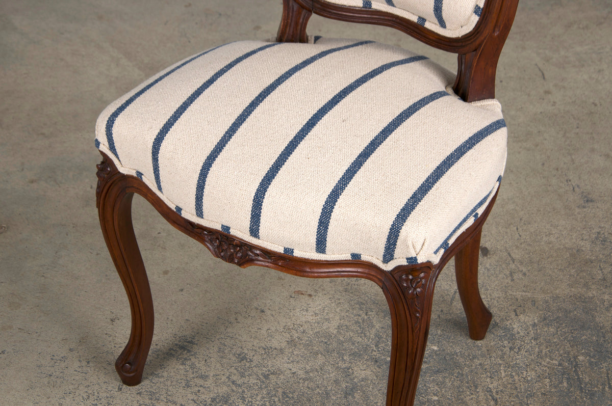 Antique French Louis XV Style Walnut Dining Chairs W/ Striped Fabric - Set of 6