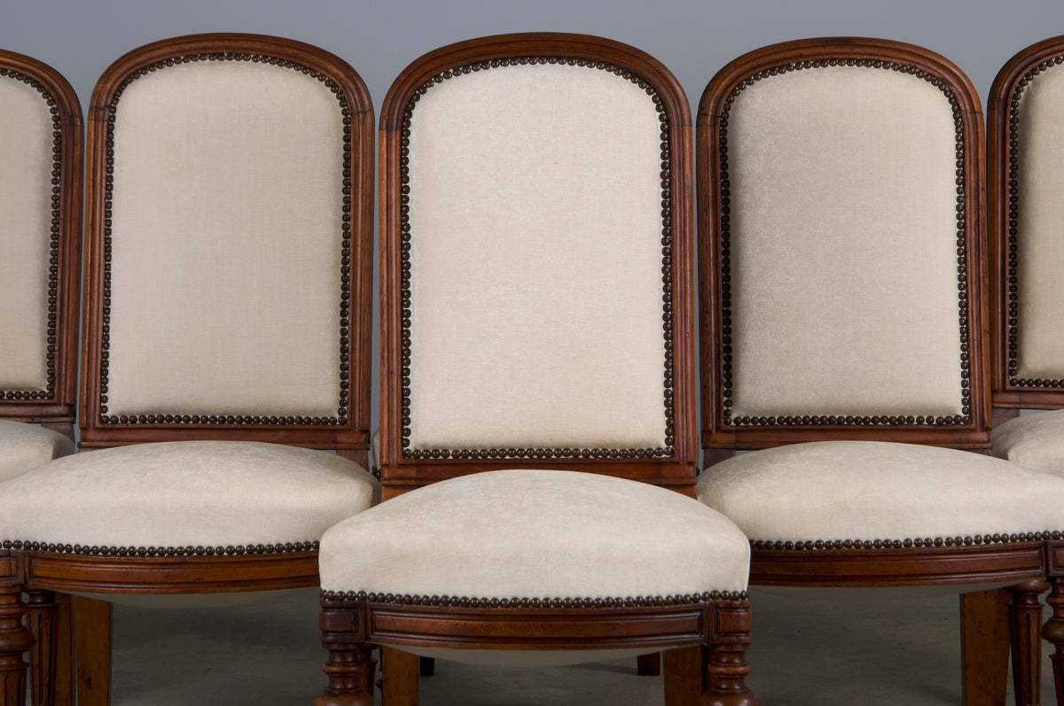 Antique French Napoleon III Style Walnut Dining Chairs W/ Cream Chenille - Set of 6