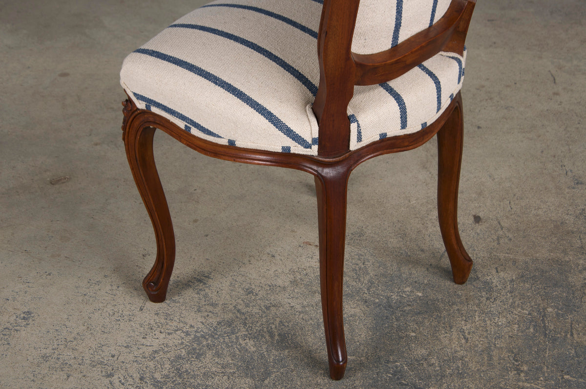 Antique French Louis XV Style Walnut Dining Chairs W/ Striped Fabric - Set of 6