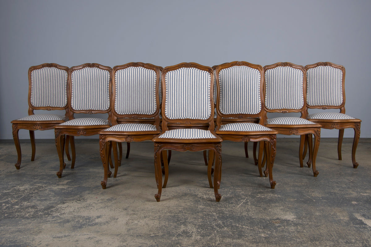 French Louis XV Style Maple Dining Chairs W/ Striped Linen - Set of 10