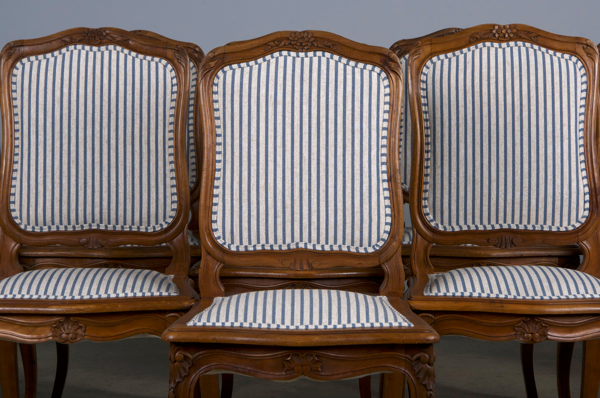 French Louis XV Style Maple Dining Chairs W/ Striped Linen - Set of 10