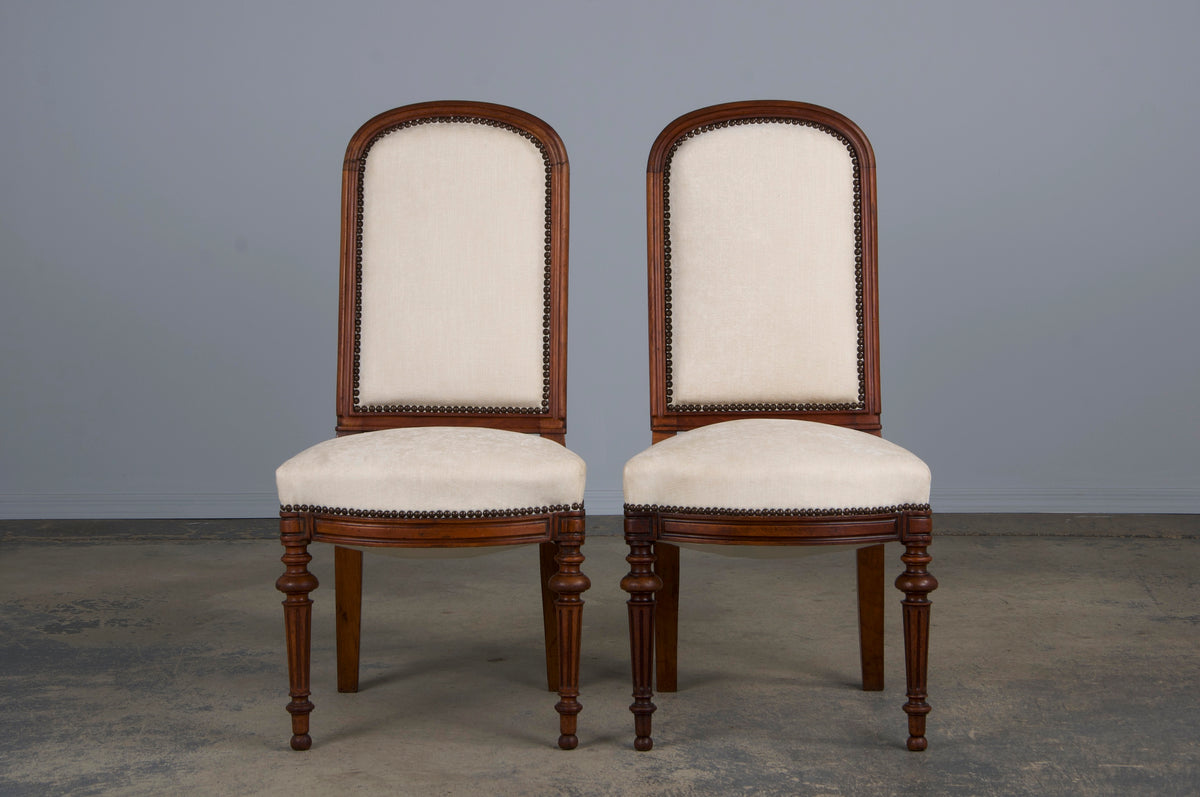 Antique French Napoleon III Style Walnut Dining Chairs W/ Cream Chenille - Set of 6