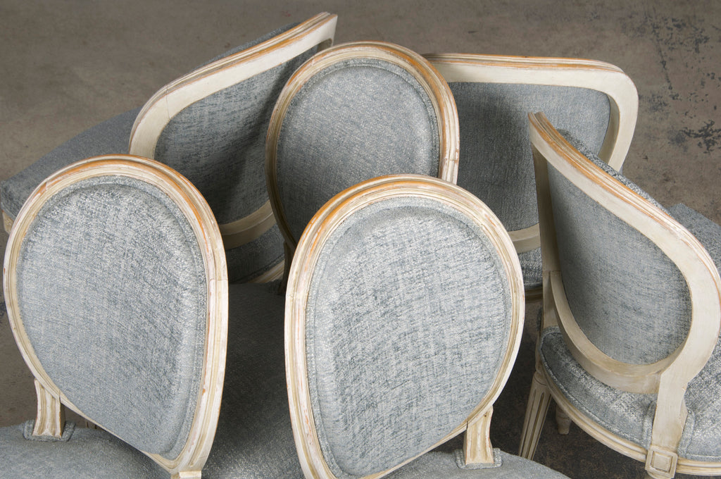 Antique French Louis XVI Style Painted Dining Chairs W/ Grey Blue Chenille - Set of 6