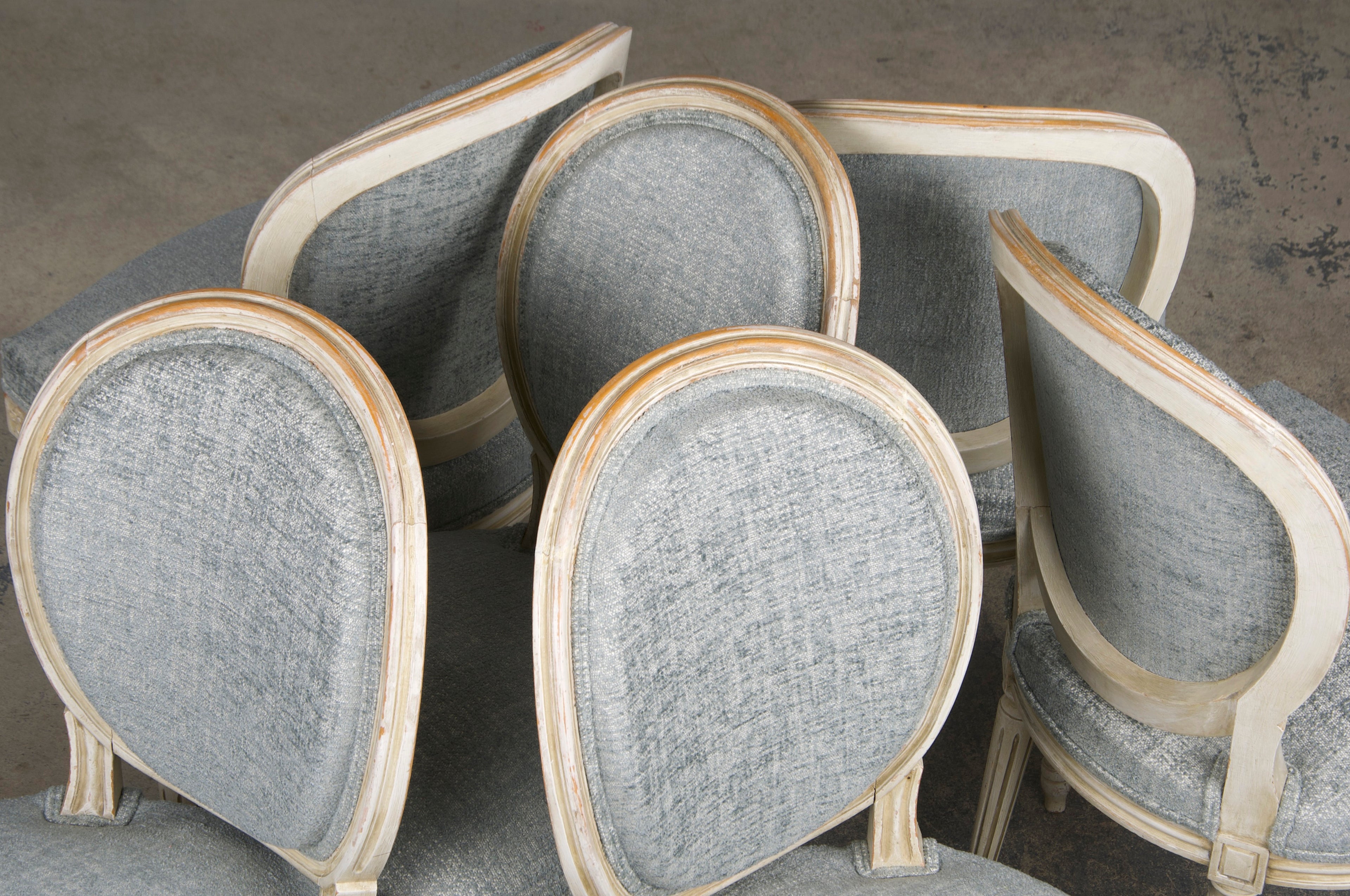 Antique French Louis XVI Style Painted Dining Chairs W/ Grey Blue Chenille - Set of 6