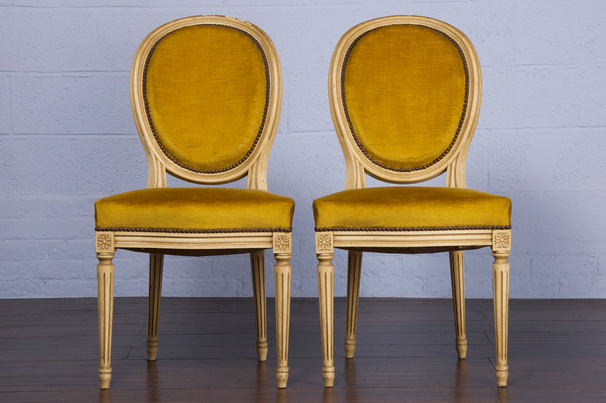 Antique French Louis XVI Style Painted Dining Chairs W/ Mustard Velvet- Set of 6