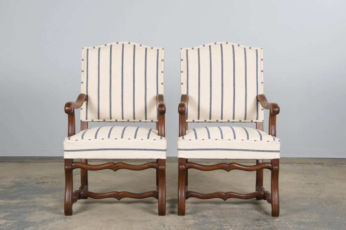 Antique French Louis XIII Style Os De Mouton Oak Dining Chairs in Striped Fabric - Set of 6