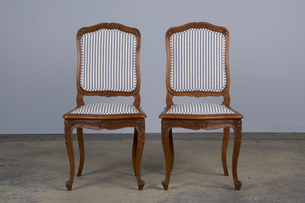 French Louis XV Style Maple Dining Chairs W/ Striped Linen - Set of 10