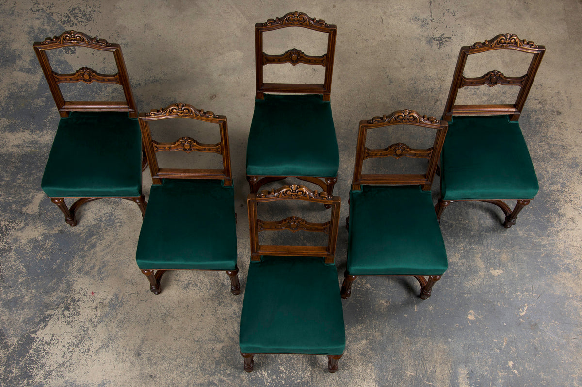 Antique French Napoleon III Style Oak Dining Chairs W/ Dark Green Velvet - Set of 6