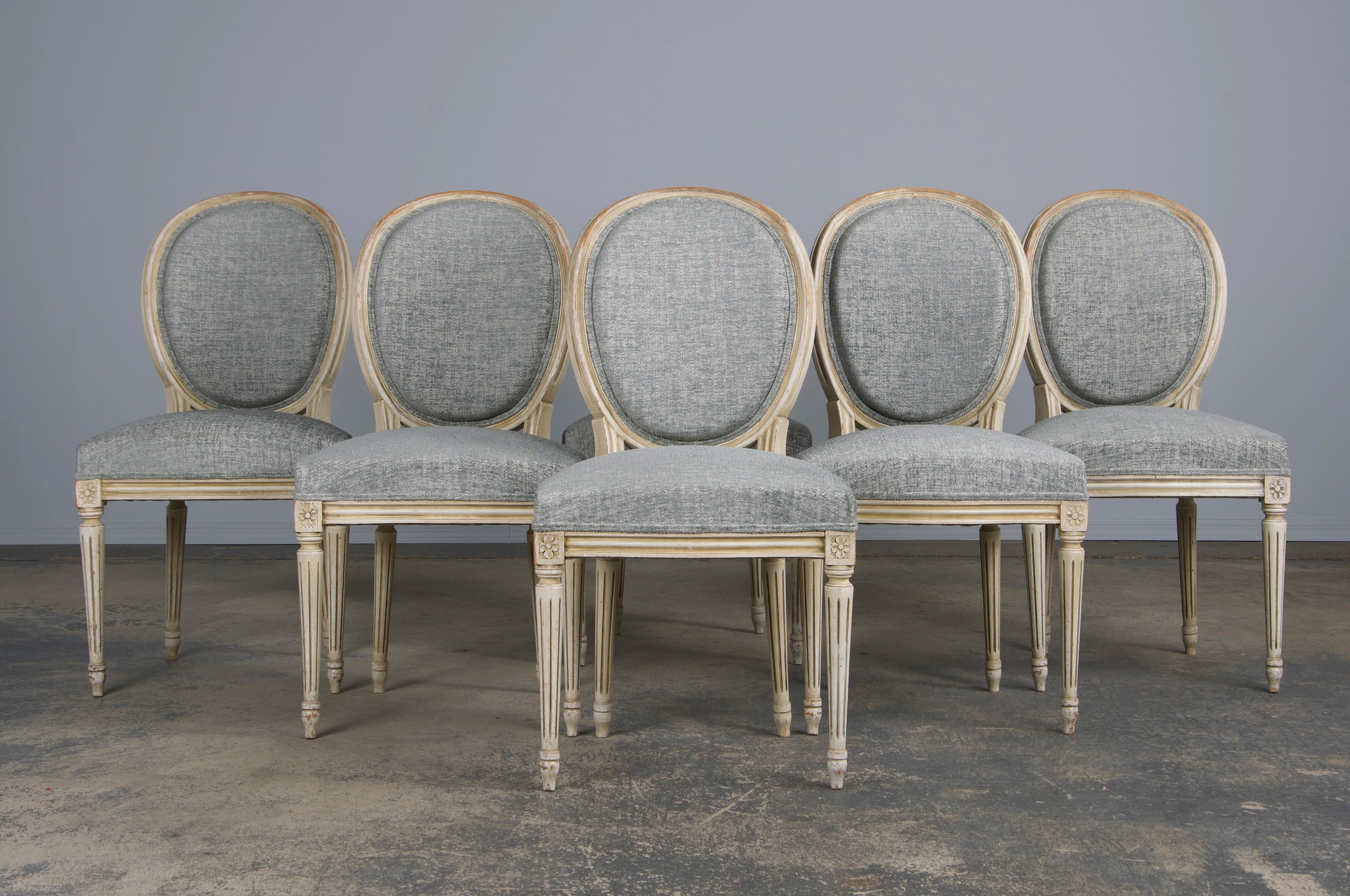 Antique French Louis XVI Style Painted Dining Chairs W/ Grey Blue Chenille - Set of 6
