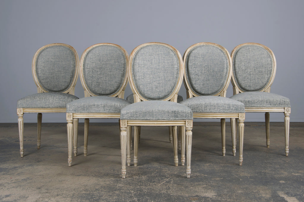 Antique French Louis XVI Style Painted Dining Chairs W/ Grey Blue Chenille - Set of 6