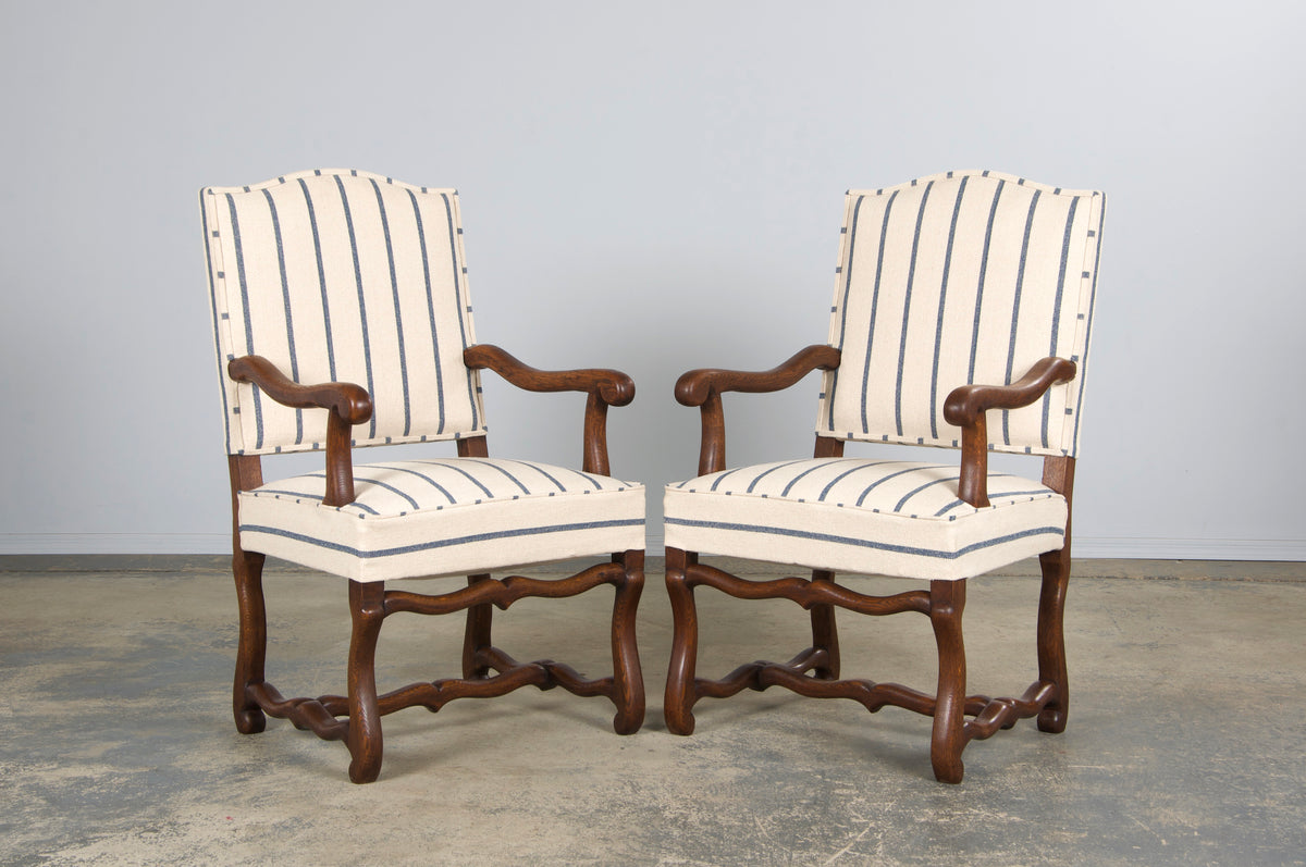 Antique French Louis XIII Style Os De Mouton Oak Dining Chairs in Striped Fabric - Set of 6