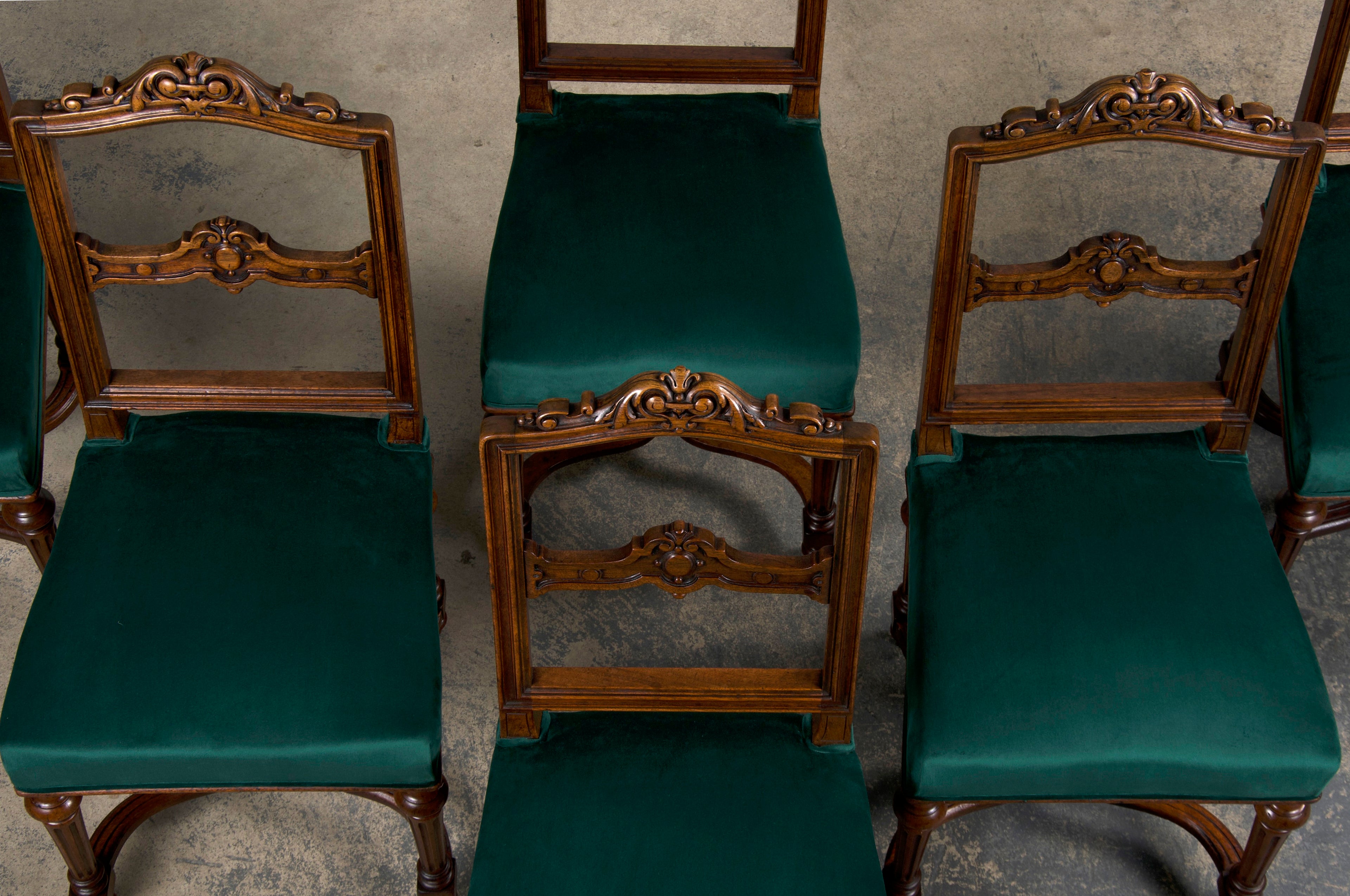 Antique French Napoleon III Style Oak Dining Chairs W/ Dark Green Velvet - Set of 6