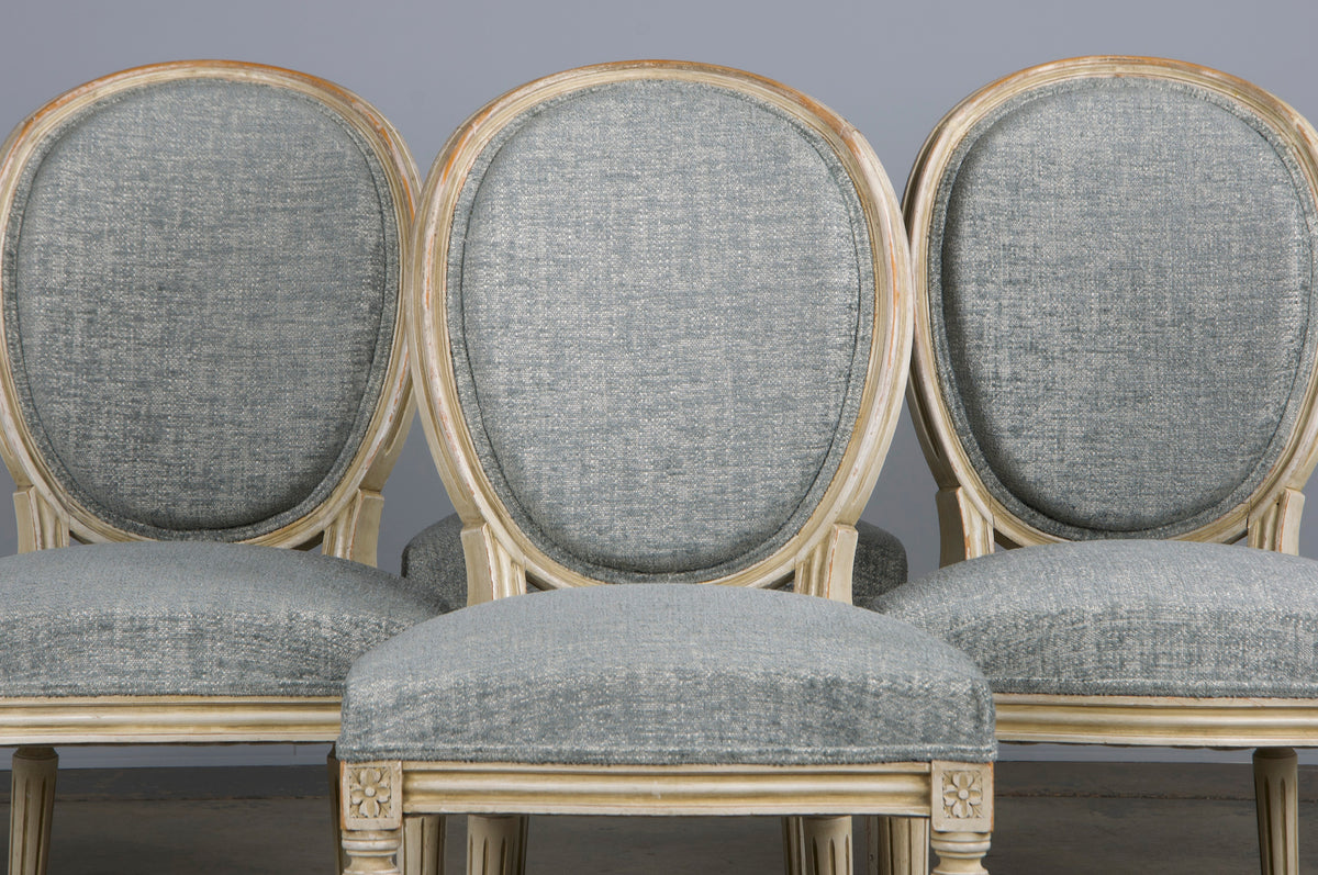 Antique French Louis XVI Style Painted Dining Chairs W/ Grey Blue Chenille - Set of 6