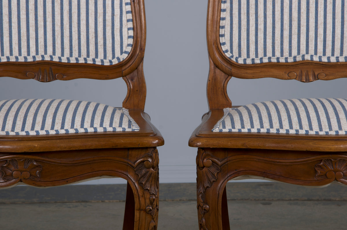 French Louis XV Style Maple Dining Chairs W/ Striped Linen - Set of 10