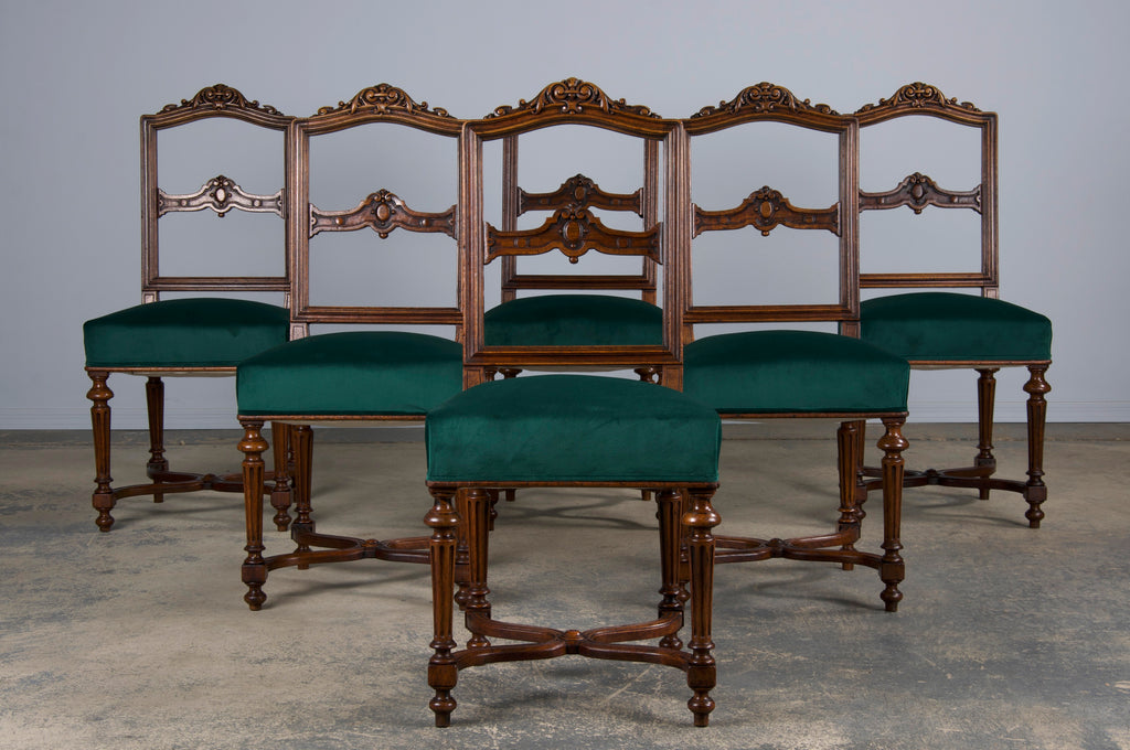 Antique French Napoleon III Style Oak Dining Chairs W/ Dark Green Velvet - Set of 6