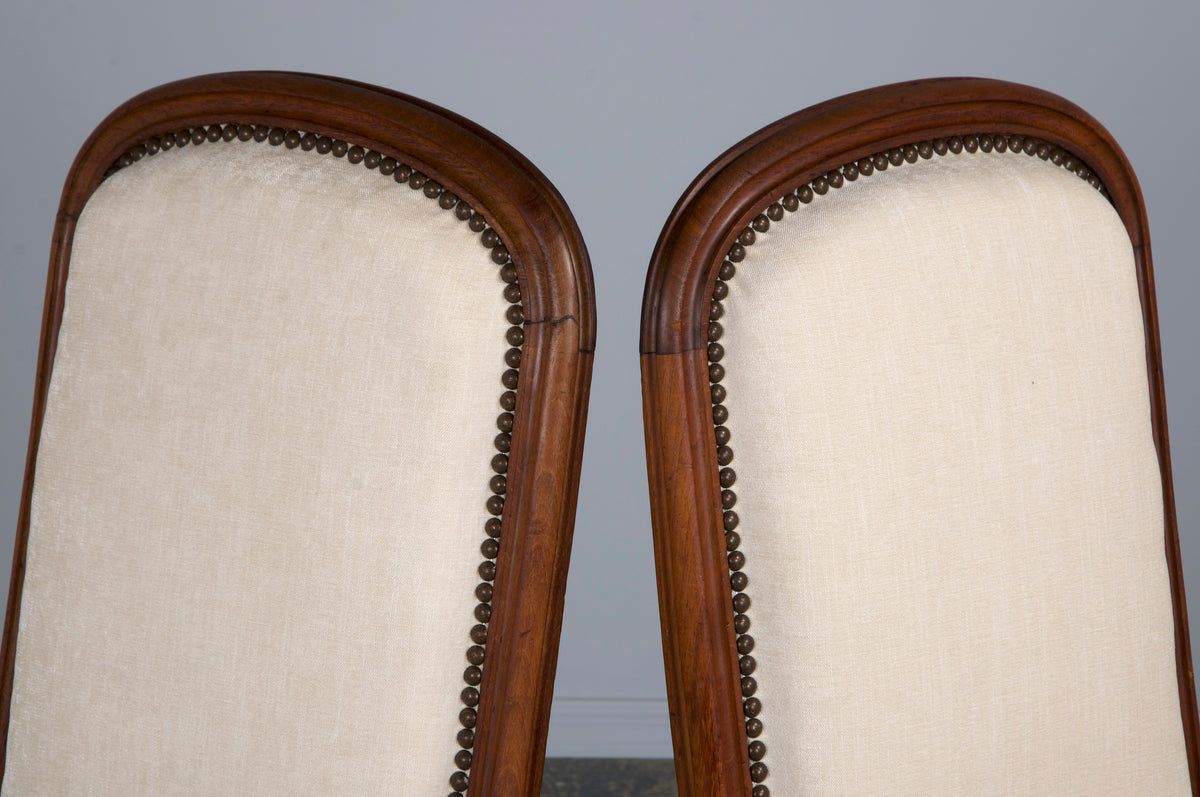 Antique French Napoleon III Style Walnut Dining Chairs W/ Cream Chenille - Set of 6