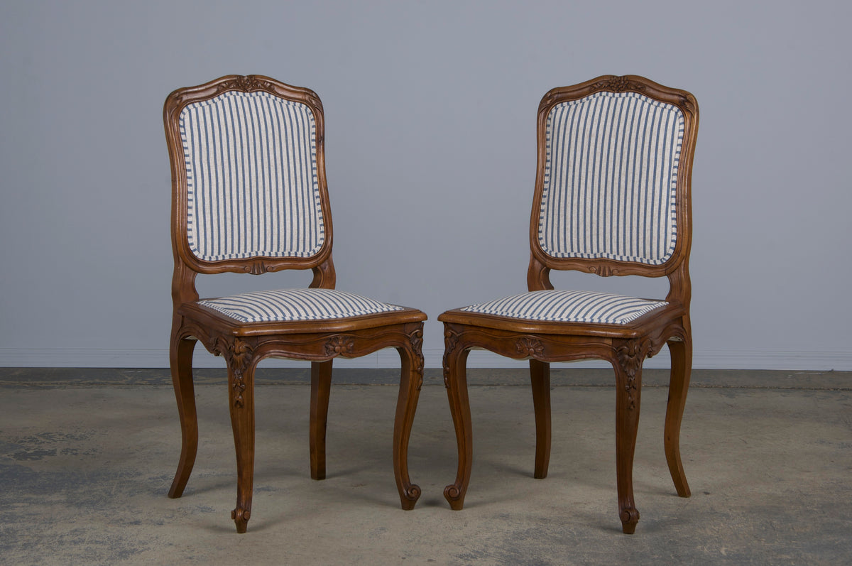 French Louis XV Style Maple Dining Chairs W/ Striped Linen - Set of 10