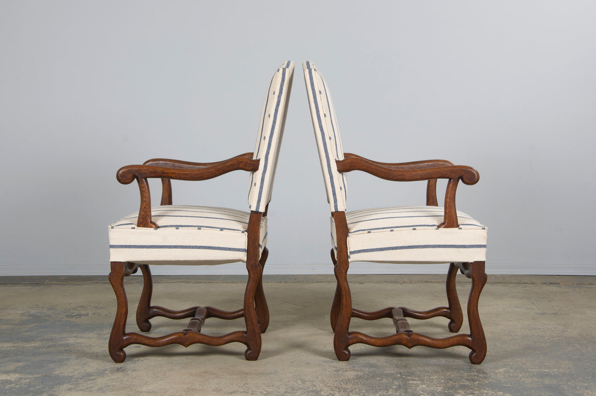 Antique French Louis XIII Style Os De Mouton Oak Dining Chairs in Striped Fabric - Set of 6