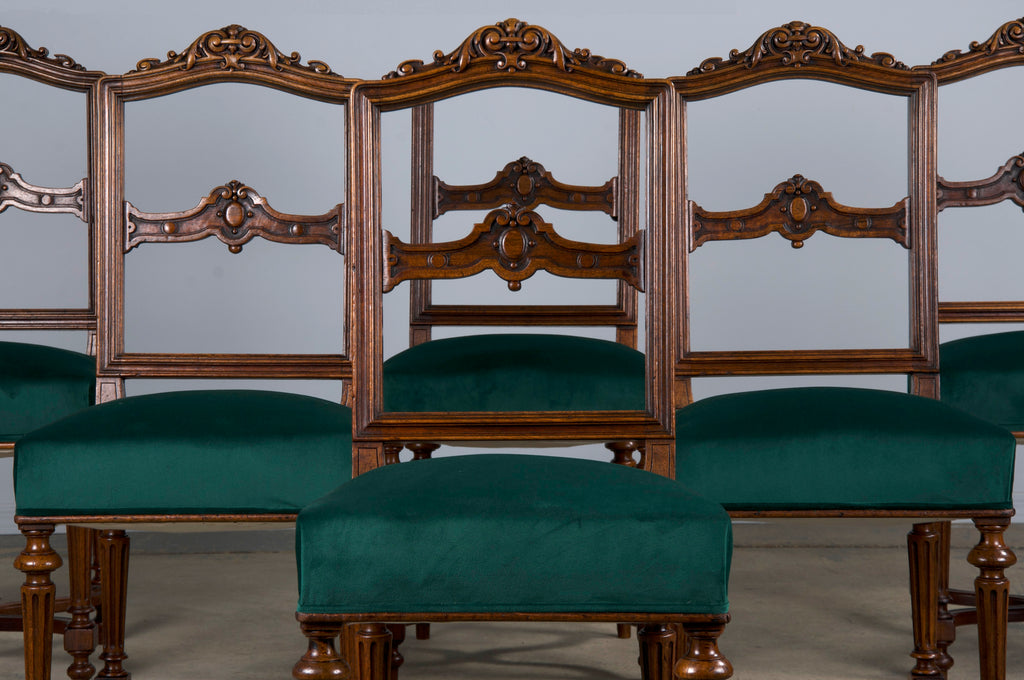 Antique French Napoleon III Style Oak Dining Chairs W/ Dark Green Velvet - Set of 6