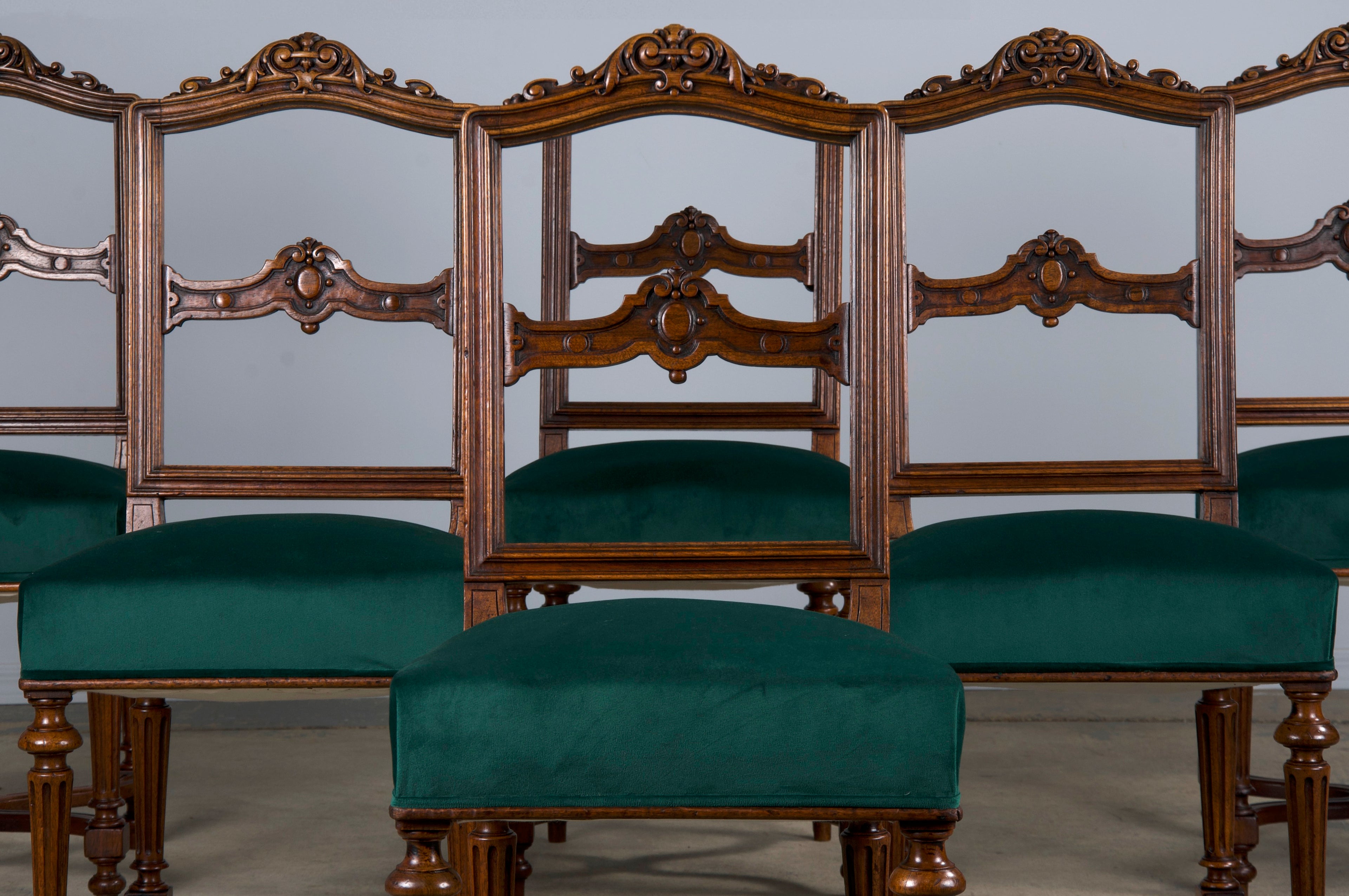 Antique French Napoleon III Style Oak Dining Chairs W/ Dark Green Velvet - Set of 6
