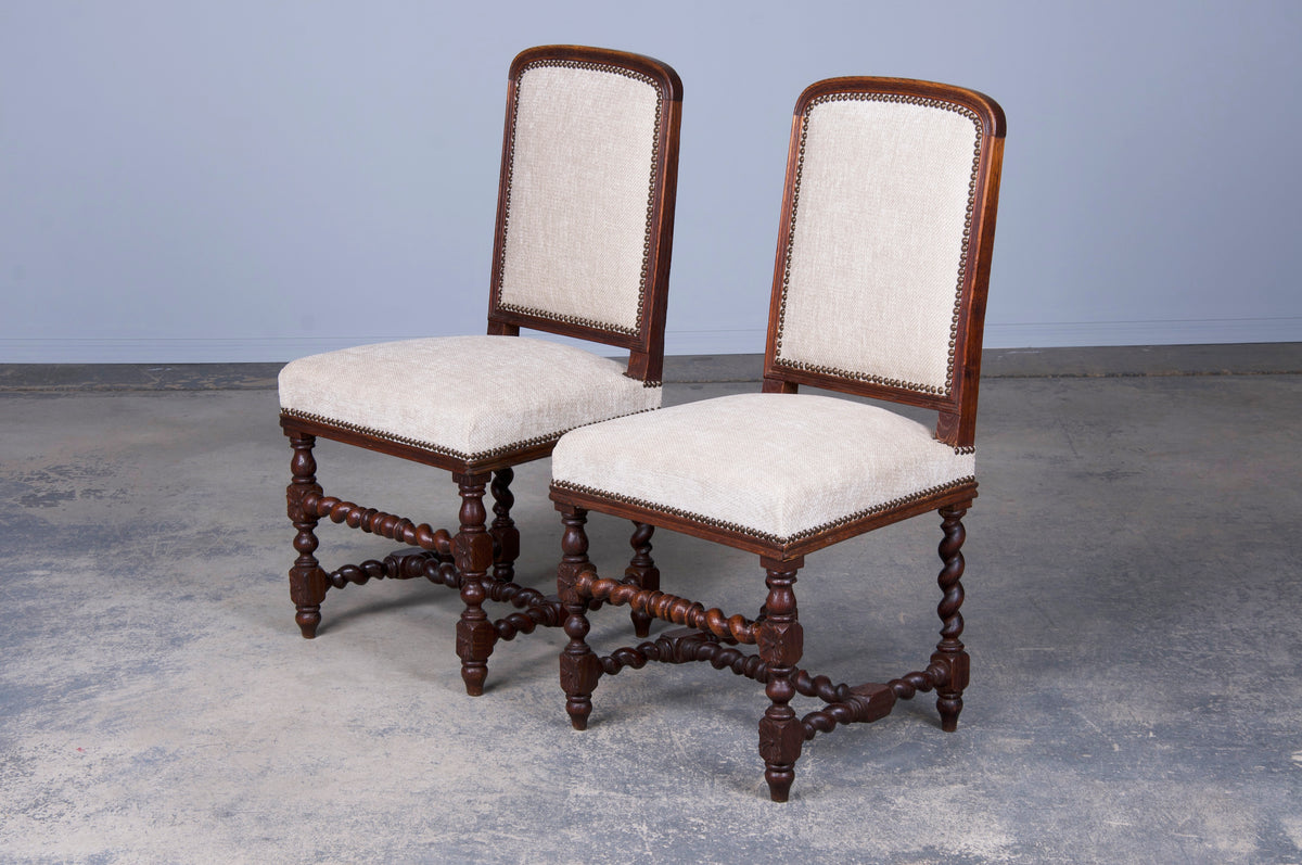 Antique French Louis XIII Style Oak Dining Chairs W/ Ivory Chenille - Set of 8