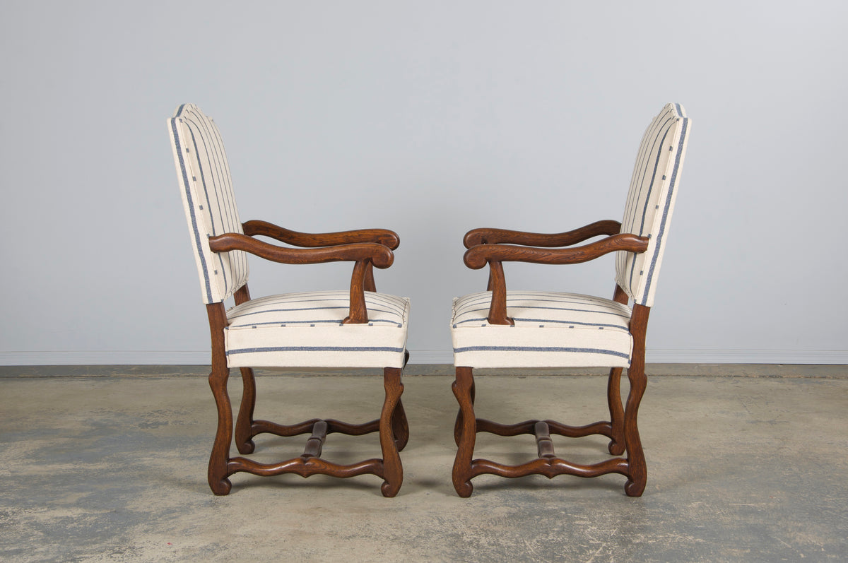 Antique French Louis XIII Style Os De Mouton Oak Dining Chairs in Striped Fabric - Set of 6