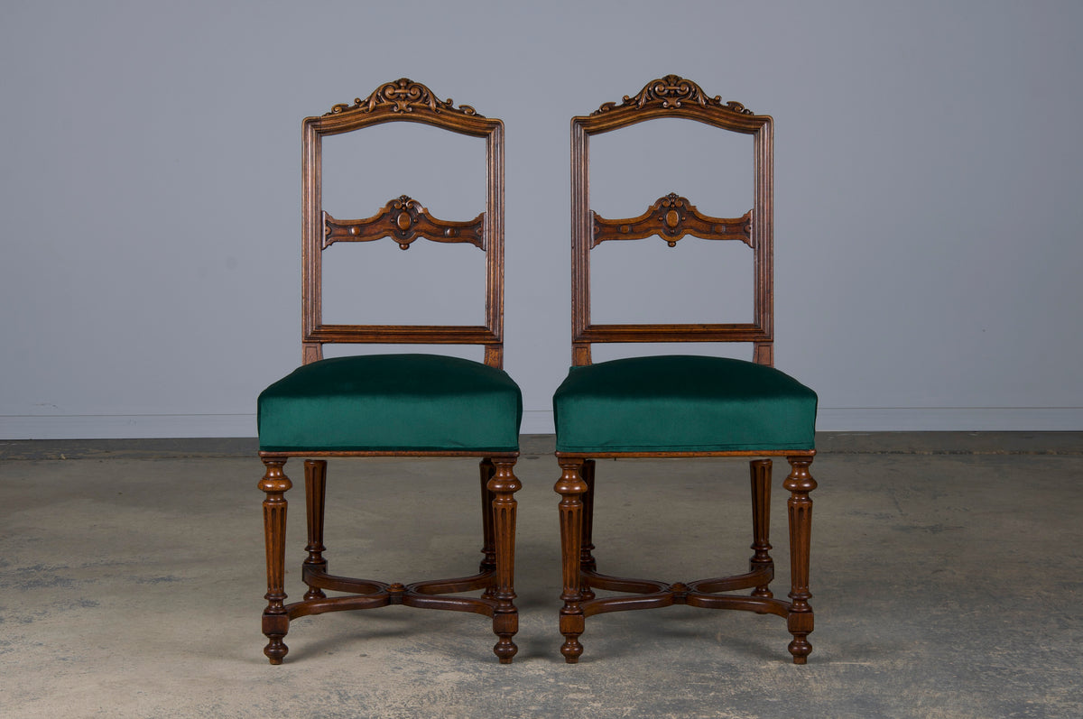 Antique French Napoleon III Style Oak Dining Chairs W/ Dark Green Velvet - Set of 6