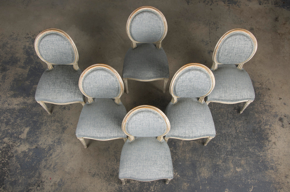 Antique French Louis XVI Style Painted Dining Chairs W/ Grey Blue Chenille - Set of 6