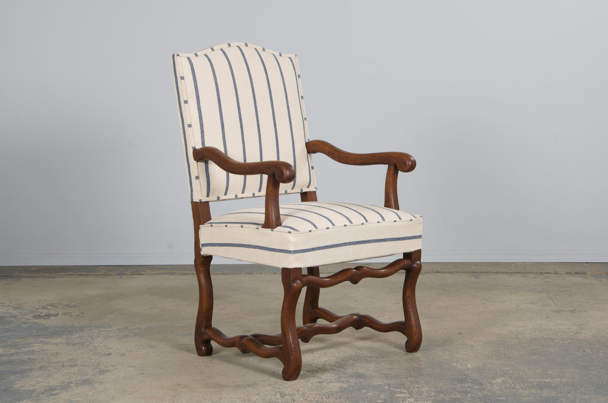 Antique French Louis XIII Style Os De Mouton Oak Dining Chairs in Striped Fabric - Set of 6