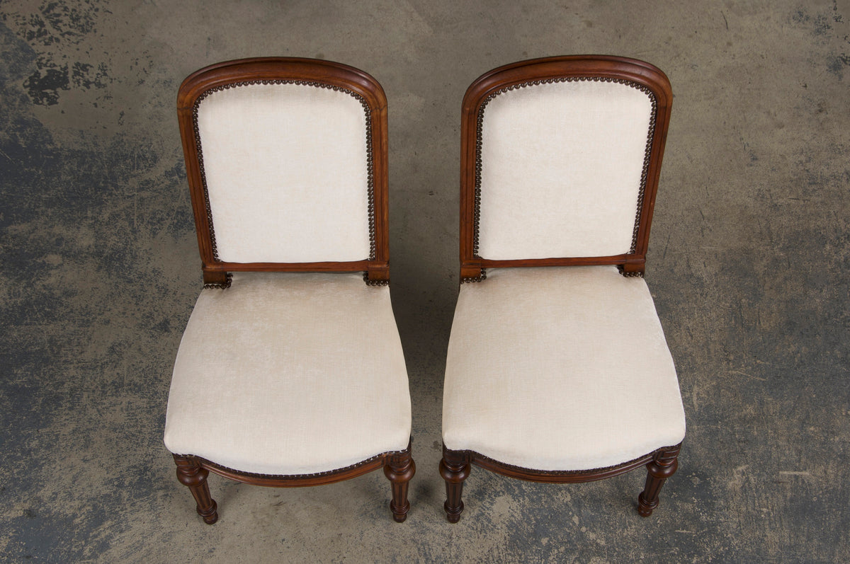 Antique French Napoleon III Style Walnut Dining Chairs W/ Cream Chenille - Set of 6