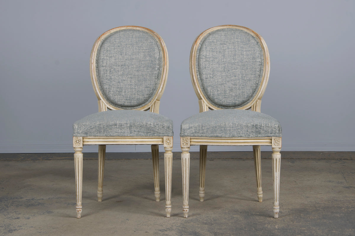 Antique French Louis XVI Style Painted Dining Chairs W/ Grey Blue Chenille - Set of 6