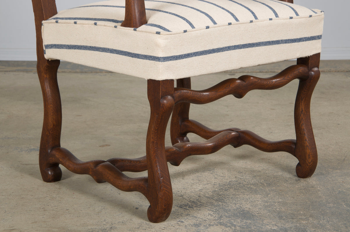 Antique French Louis XIII Style Os De Mouton Oak Dining Chairs in Striped Fabric - Set of 6