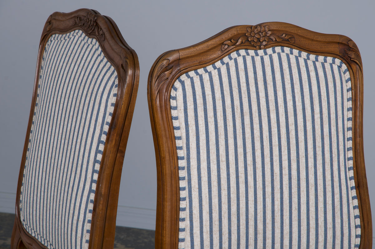 French Louis XV Style Maple Dining Chairs W/ Striped Linen - Set of 10