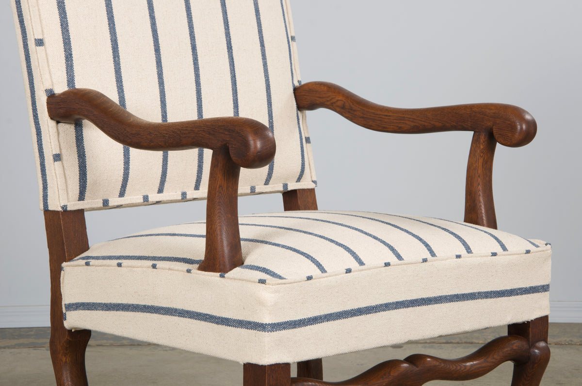 Antique French Louis XIII Style Os De Mouton Oak Dining Chairs in Striped Fabric - Set of 6