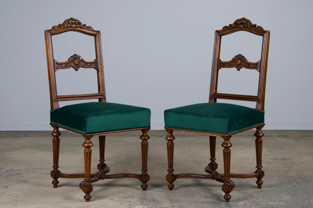 Antique French Napoleon III Style Oak Dining Chairs W/ Dark Green Velvet - Set of 6