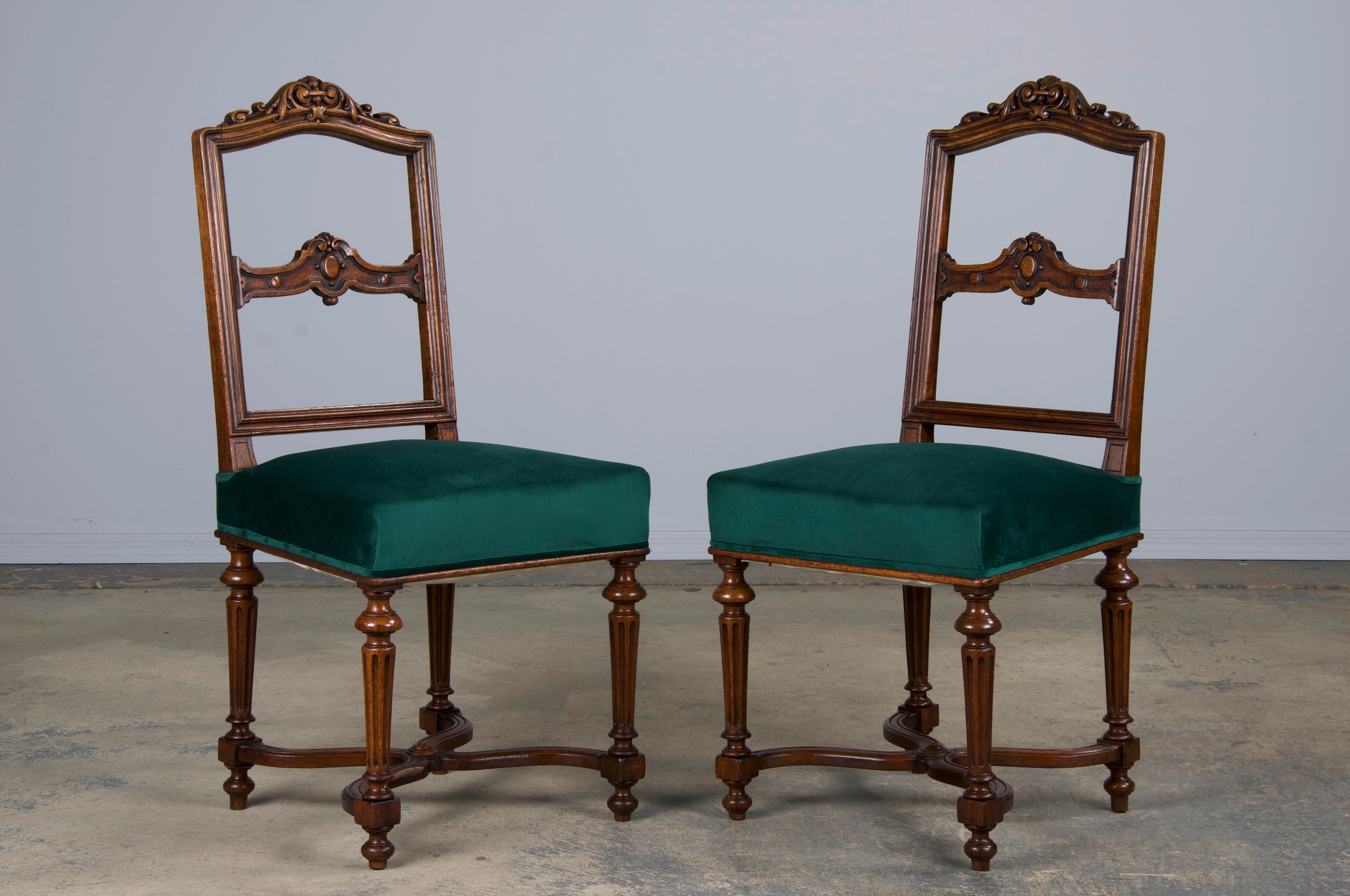 Antique French Napoleon III Style Oak Dining Chairs W/ Dark Green Velvet - Set of 6