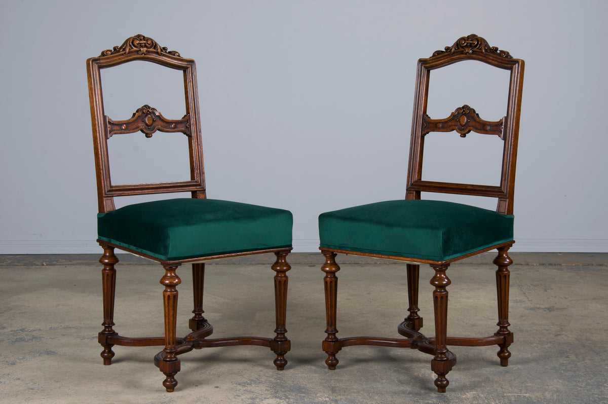 Antique French Napoleon III Style Oak Dining Chairs W/ Dark Green Velvet - Set of 6