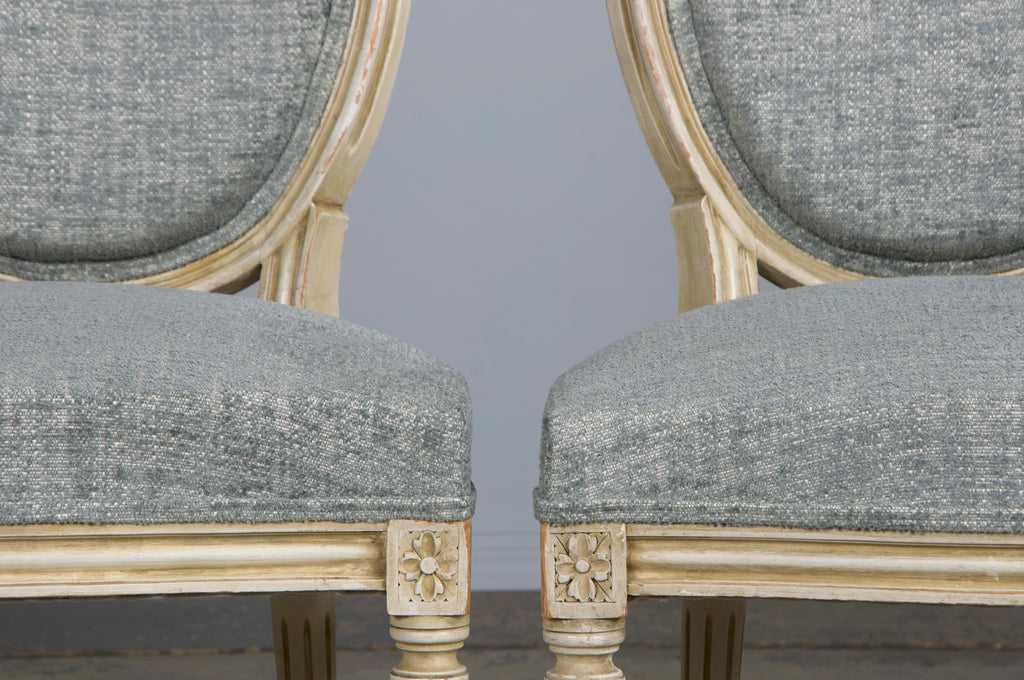 Antique French Louis XVI Style Painted Dining Chairs W/ Grey Blue Chenille - Set of 6