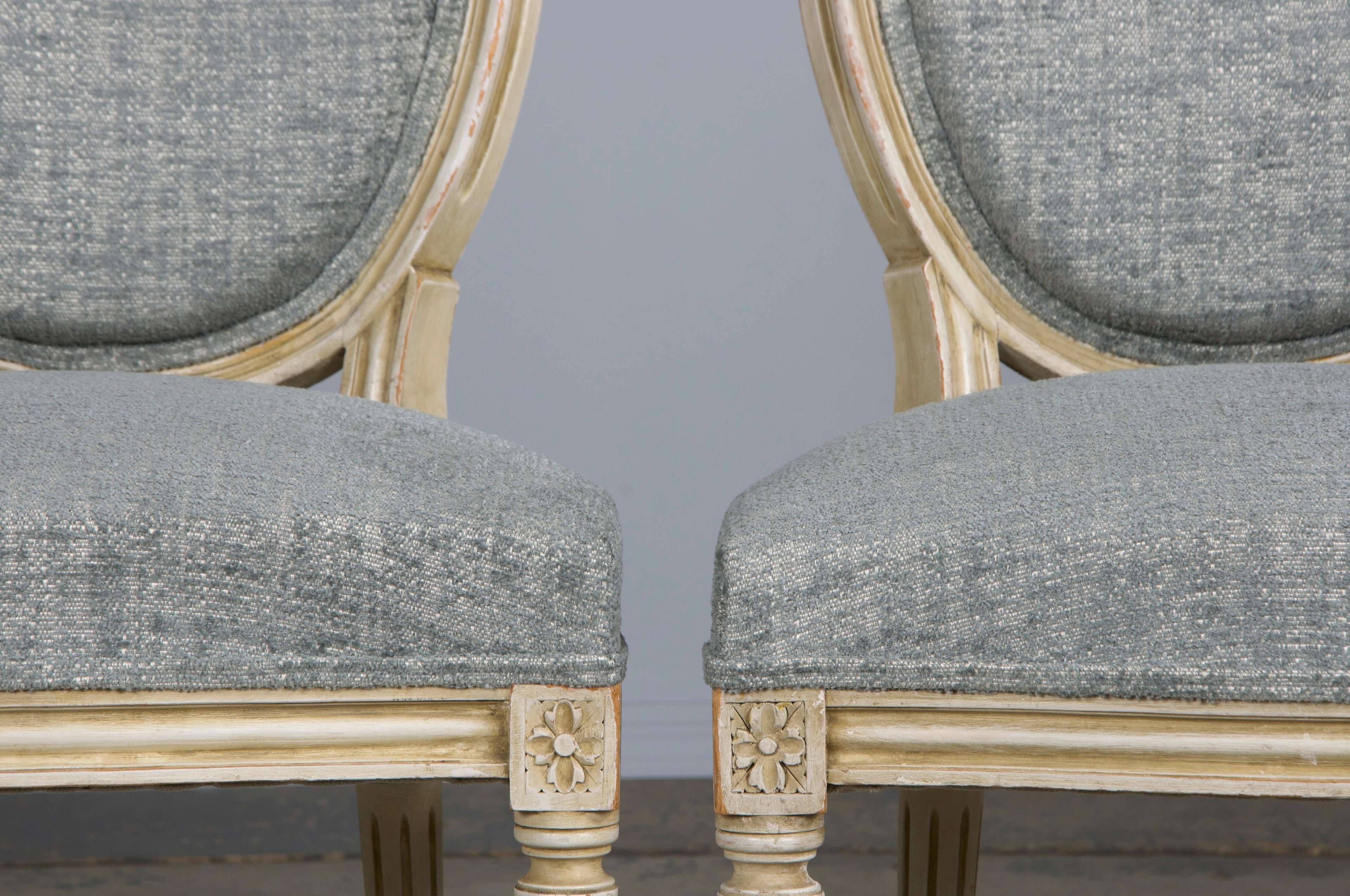 Antique French Louis XVI Style Painted Dining Chairs W/ Grey Blue Chenille - Set of 6