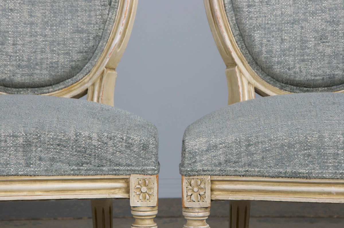 Antique French Louis XVI Style Painted Dining Chairs W/ Grey Blue Chenille - Set of 6