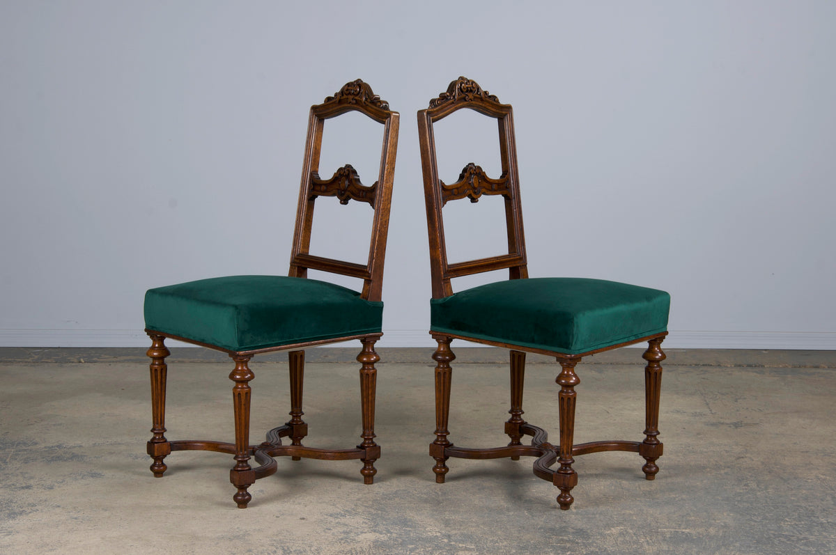 Antique French Napoleon III Style Oak Dining Chairs W/ Dark Green Velvet - Set of 6