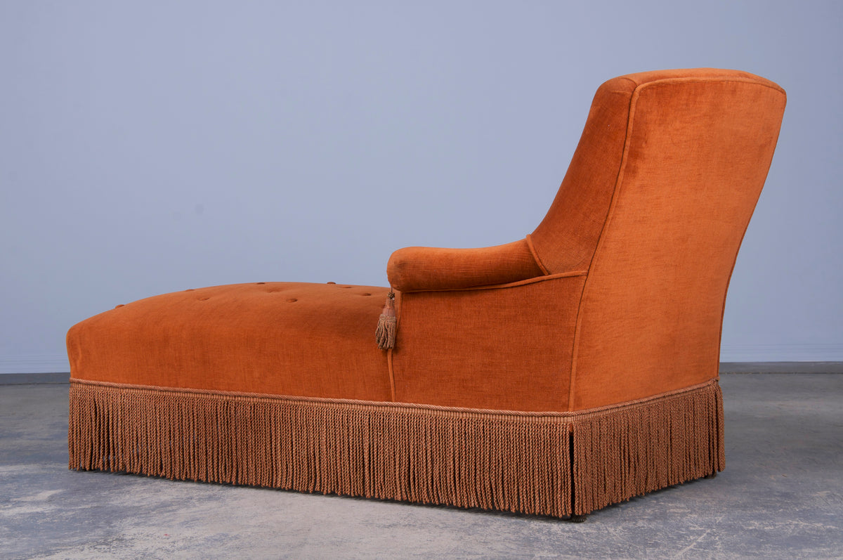 Antique French Napoleon III Style Chaise Lounge W/ Orange Velvet