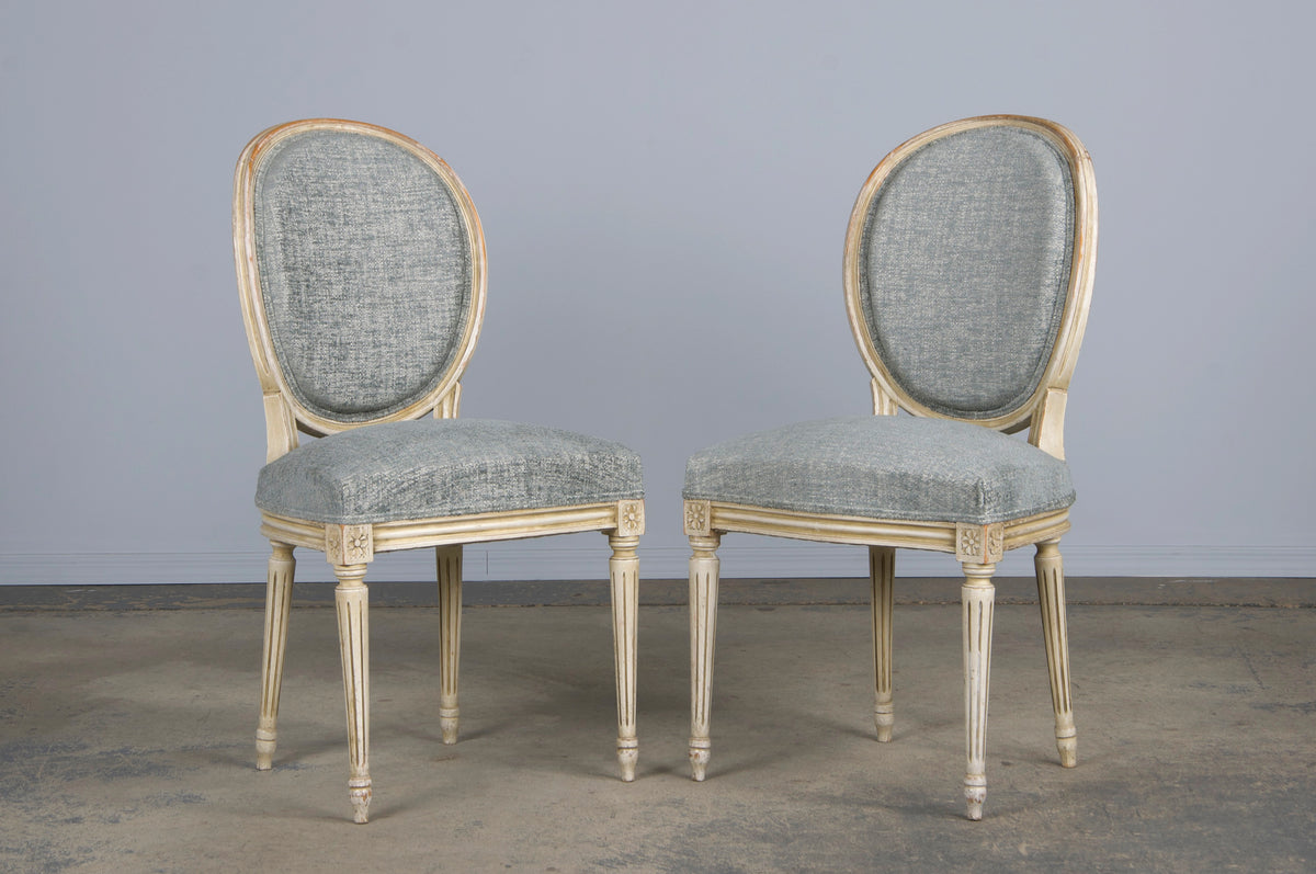 Antique French Louis XVI Style Painted Dining Chairs W/ Grey Blue Chenille - Set of 6