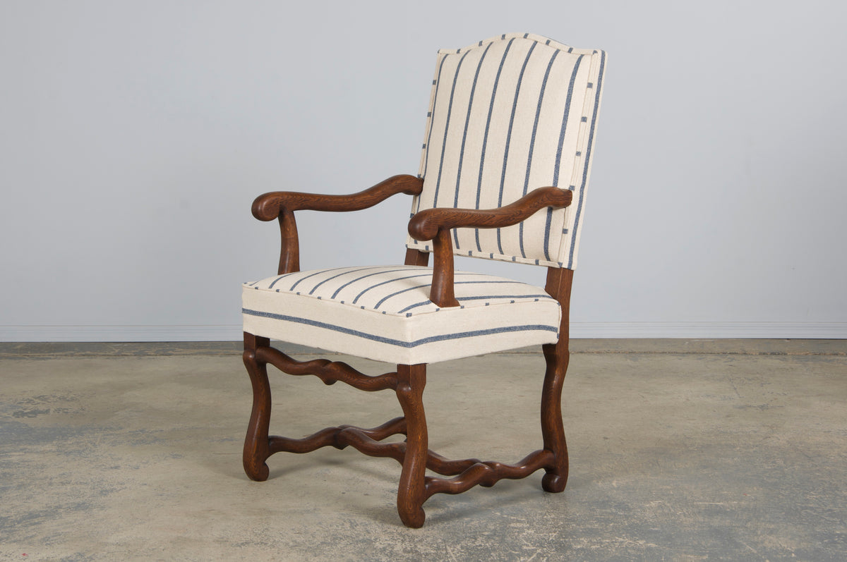 Antique French Louis XIII Style Os De Mouton Oak Dining Chairs in Striped Fabric - Set of 6