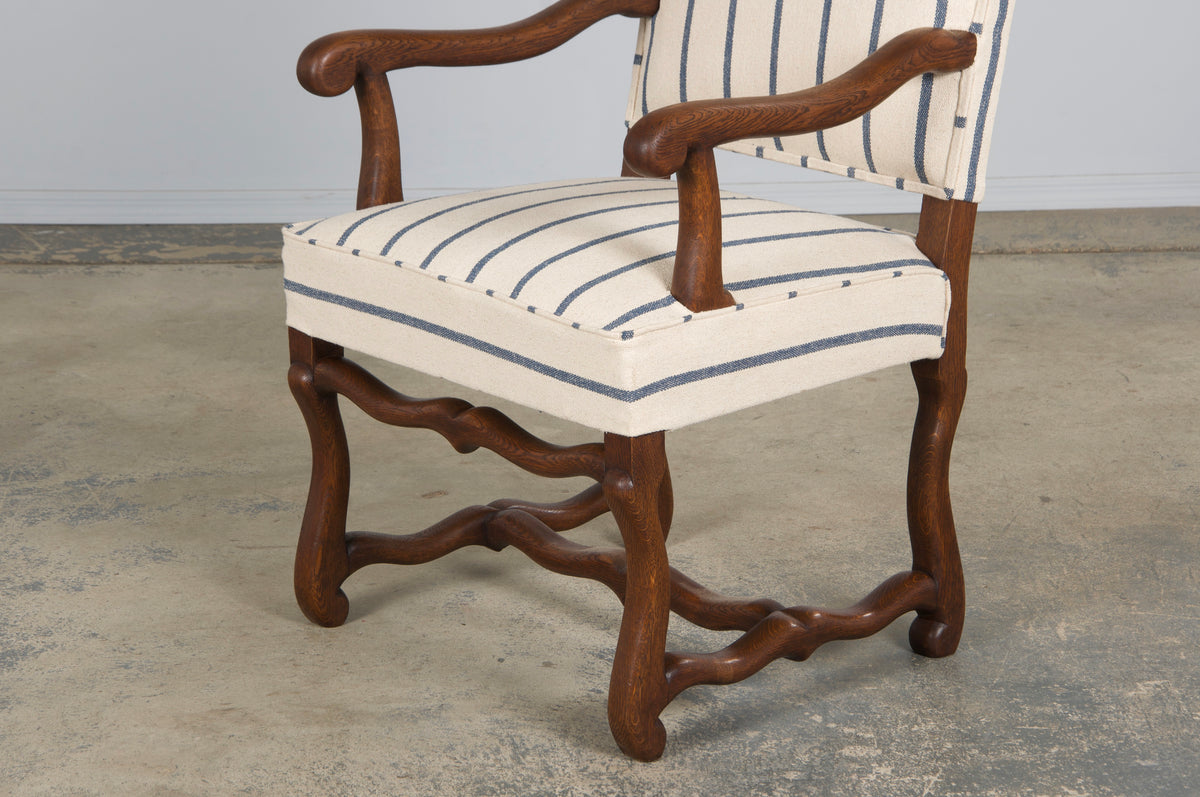 Antique French Louis XIII Style Os De Mouton Oak Dining Chairs in Striped Fabric - Set of 6