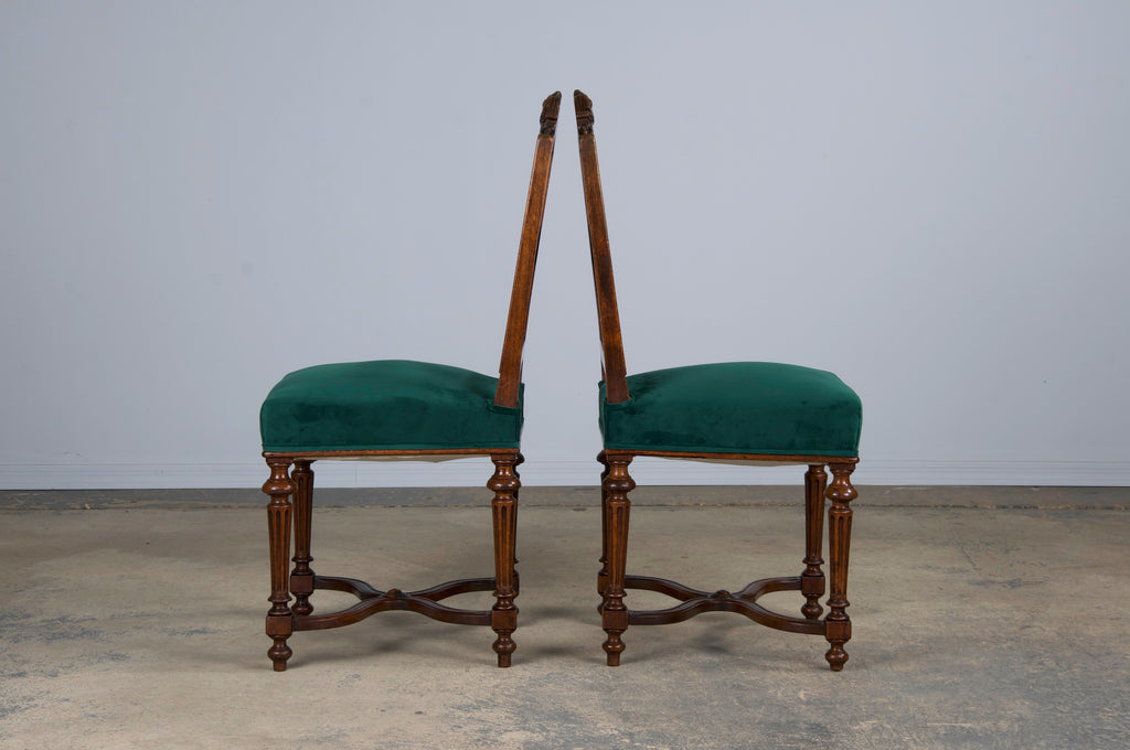 Antique French Napoleon III Style Oak Dining Chairs W/ Dark Green Velvet - Set of 6