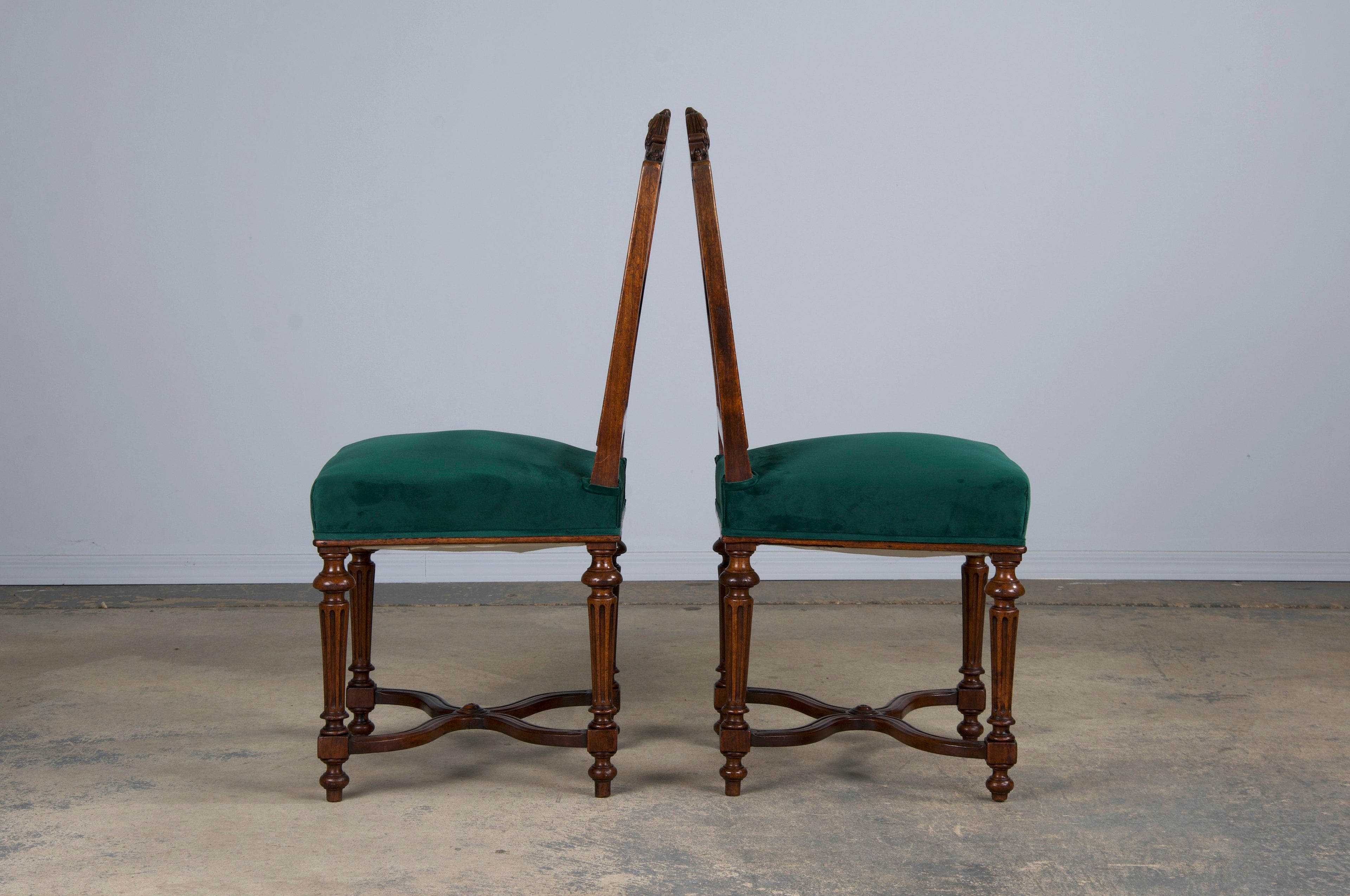 Antique French Napoleon III Style Oak Dining Chairs W/ Dark Green Velvet - Set of 6